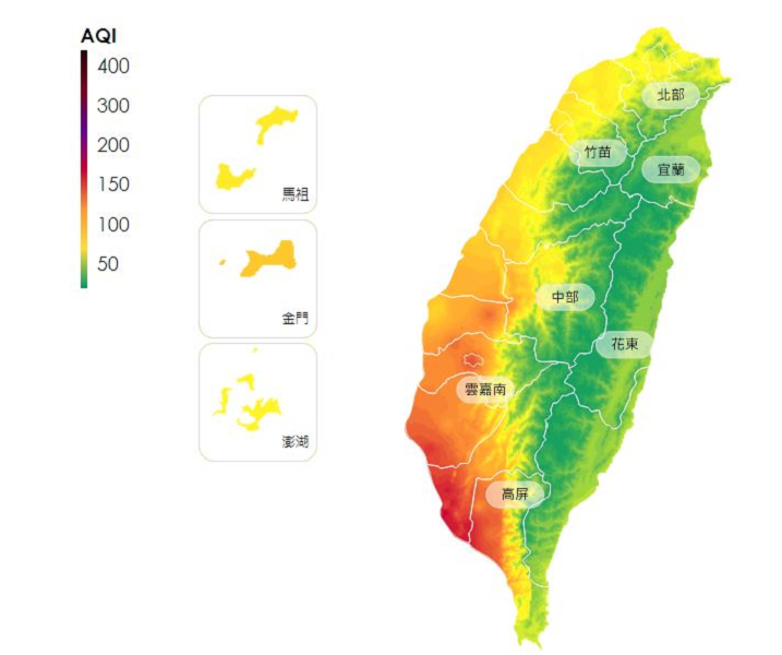 ▲依環保署空氣品質監測網數據顯示，下午高屏地區的空氣品質亮紅燈。（圖／翻攝自空氣品質監測網）