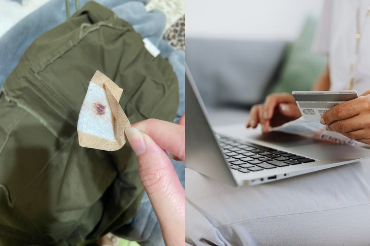 ▲有網友網購2件褲子，但試穿時卻掉出一塊帶血的OK繃。（示意圖／翻攝自《Dcard》及《pexels》 ）