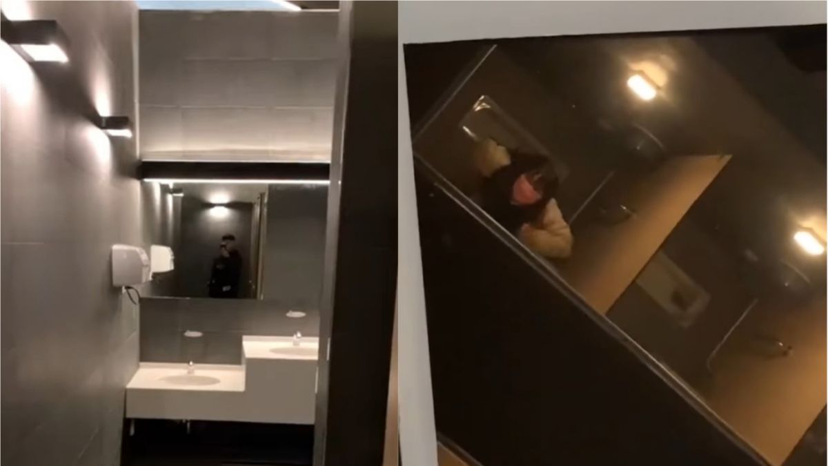 ▲苗栗火車站新落成的廁所發生糗事，網友發現女廁竟可透過天花板上的玻璃反射看見內外情況，實際拍攝影片曝光後掀起熱議。（圖／翻攝自臉書社團《苗栗大小事》）