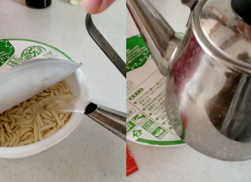 ▲日本一名網友在推特上分享一則影片，表示他「找到了能固定泡麵蓋的方法」。（圖／翻攝自推特 @Kobayan_honaka ）