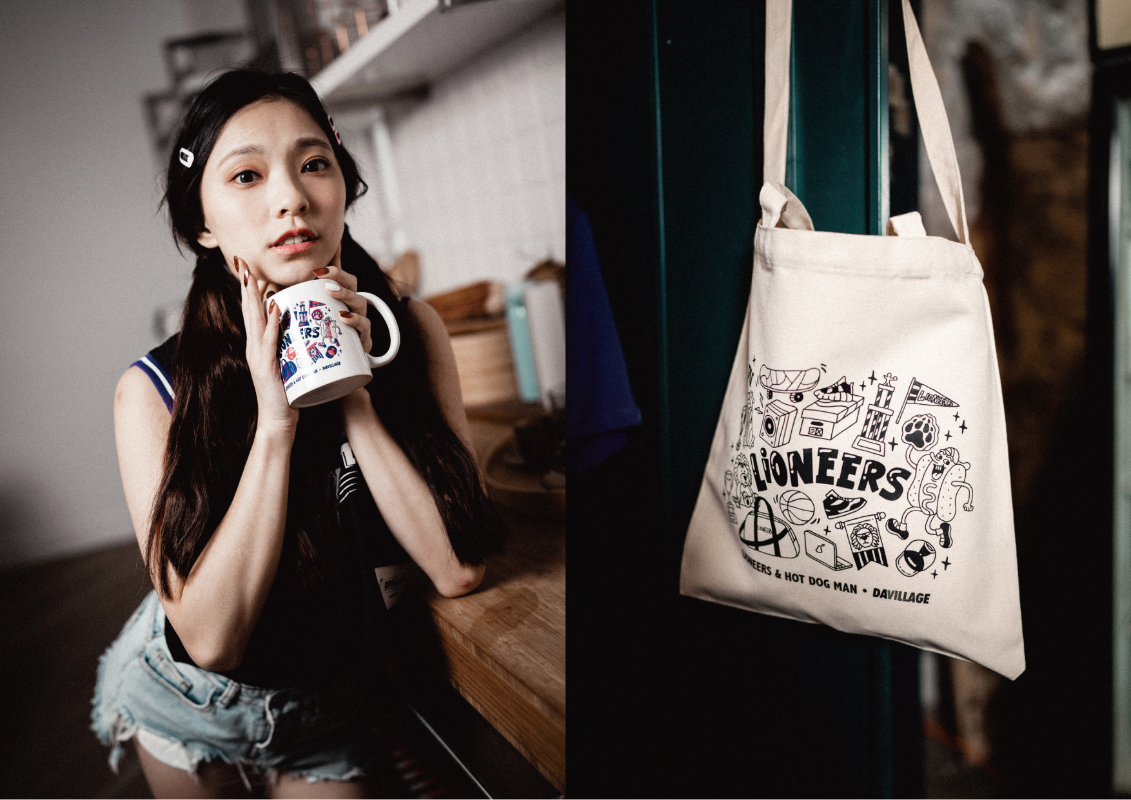 ▲新竹街口攻城獅Muse Girls霖霖演繹DV聯名攻城獅美式復古系列商品。（圖／新竹街口攻城獅供）