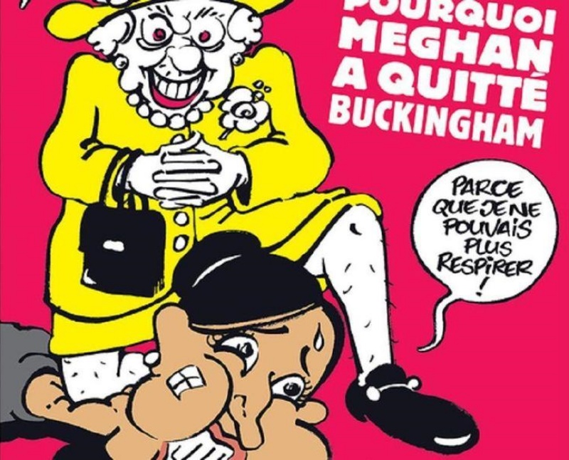 ▲法國知名的諷刺雜誌《查理週刊》，最新一期封面拿英國女王和梅根諷刺佛洛伊德之死。（翻攝CHARLIE HEBDO推特）