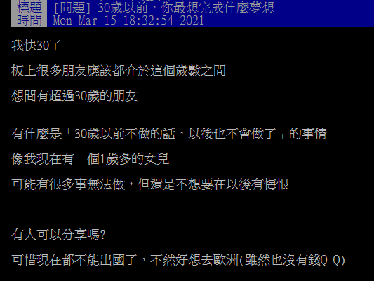 ▲有網友好奇提問「30歲以前，你最想完成什麼夢想？」沒想到全場答案幾乎一面倒，紛紛狂指「這2件事」。（圖／翻攝自PTT）