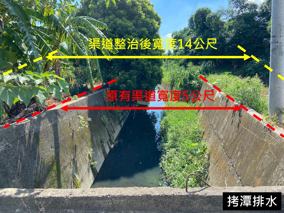 ▲市長陳其邁自上任往大寮地區視察排水問題，其中拷潭排水渠道寬度由5米拓寬至14米，完成後可大幅改善大寮區拷潭及內坑淹水。（圖／高市水利局提供）