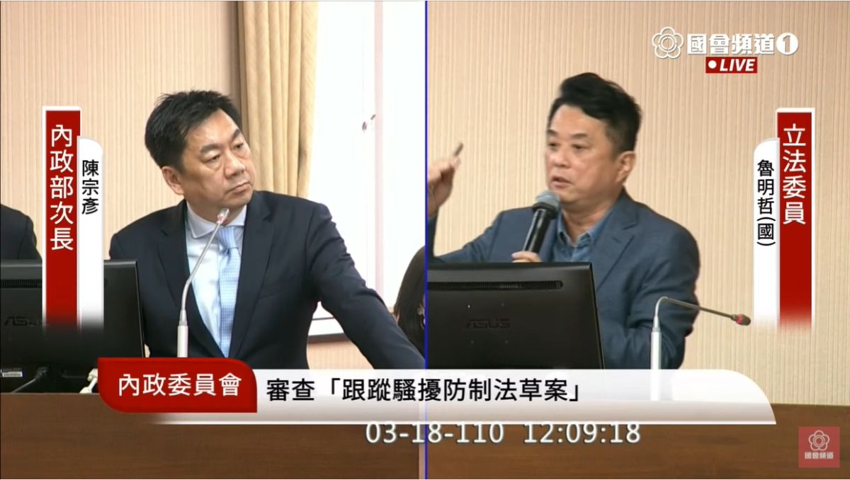 ▲國民黨立委魯明哲質疑，跟騷案件的罰鍰僅3000元，比超速還低，應盡速訂出《跟騷法》。（圖／翻攝國會直播）