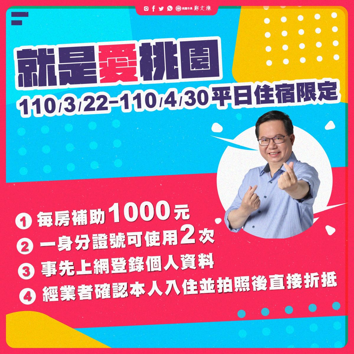 ▲「就是愛桃園，住宿享優惠」活動，邀請國人一起來桃園玩，凡入住桃園合法旅宿，每房補助1,000元，每人最高補助2,000元，無需連續入住，不限同一旅宿，限額補助2萬間房。（圖／桃園市政府提供）