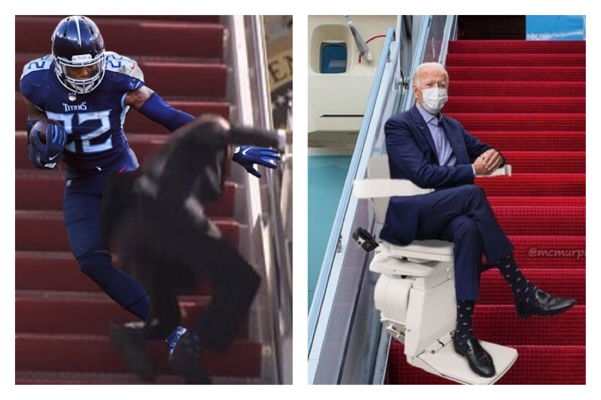▲美國總統拜登在登機時連續踉蹌，健康狀況引發外界關注，更成為網友最新發揮創意惡搞改圖的素材。（圖／翻攝自@PFN365和@KyleKashuv的推特）