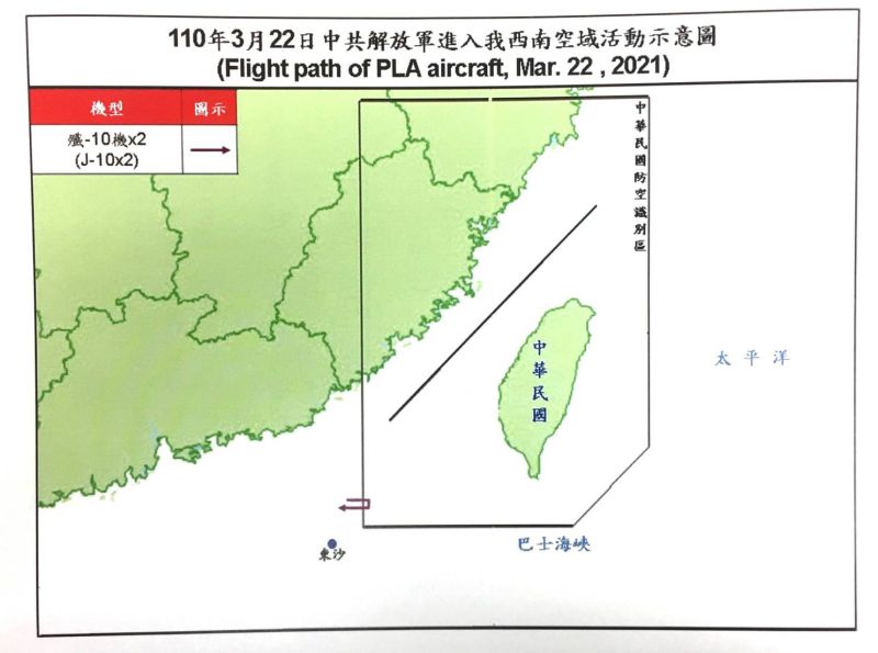 ▲國防部公布22日2架殲10機擾台路線示意圖。（圖／國防部提供）