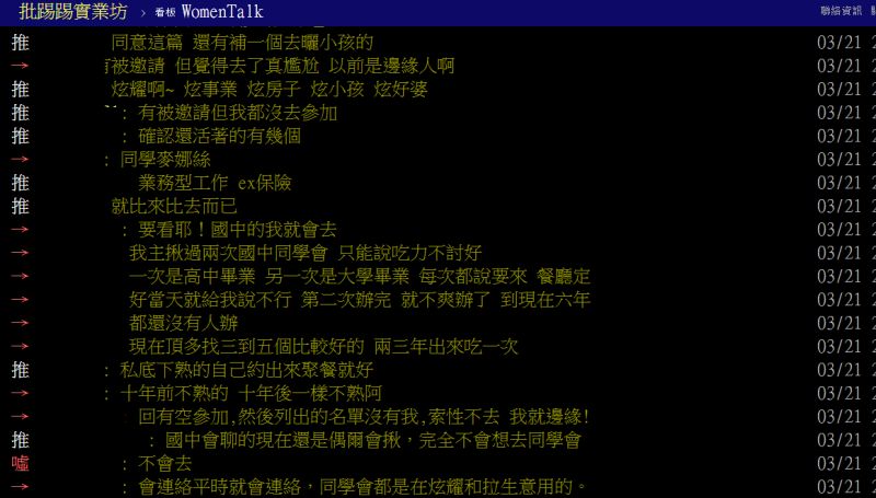 ▲多數人認為,同學會只剩下拉生意與炫耀等用途。(圖/翻攝PTT)