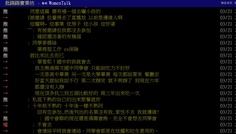 ▲多數人認為，同學會只剩下拉生意與炫耀等用途。（圖／翻攝PTT）