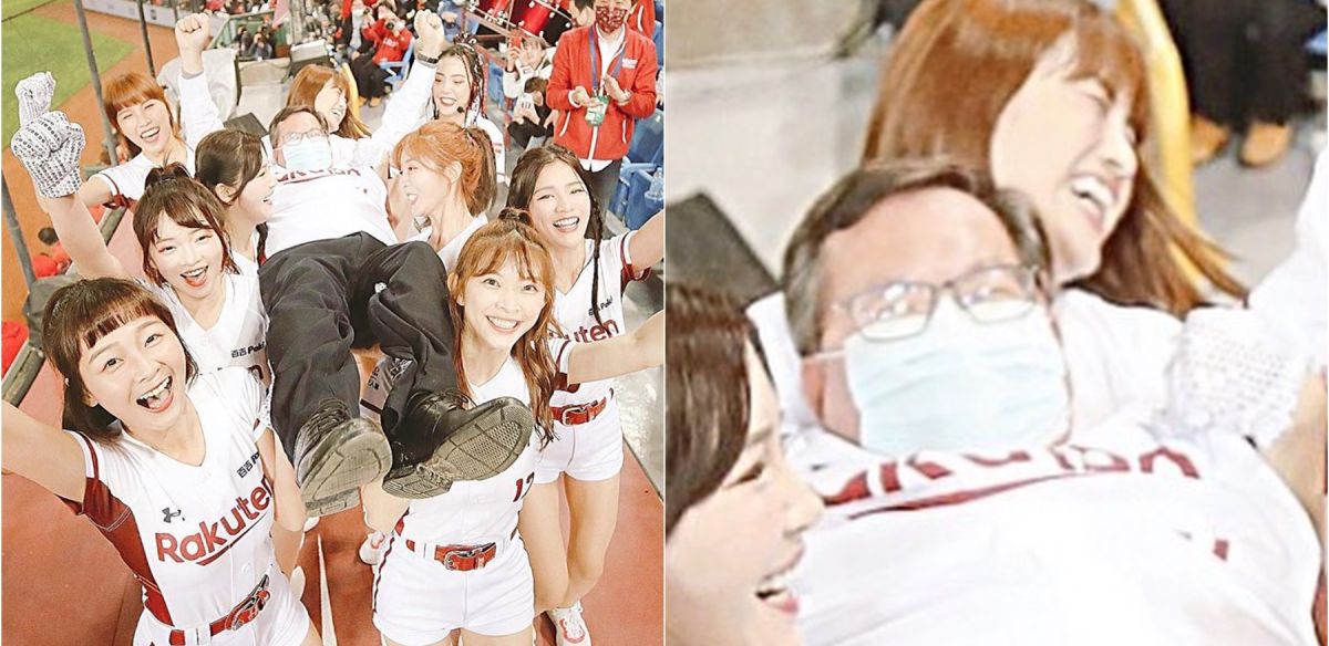 ▲桃園市長鄭文燦在球賽中被扛起，樂天女孩11號陳伊露出苦笑表情。（圖／翻攝自樂天女孩「籃籃」IG：lan0716）