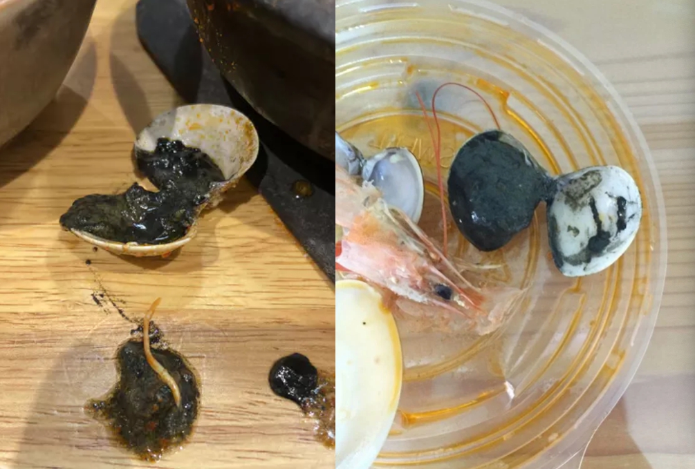 ▲網友分享吃蛤蜊時，一剝開卻發現裡面黑壓壓一片。（圖／Dcard）