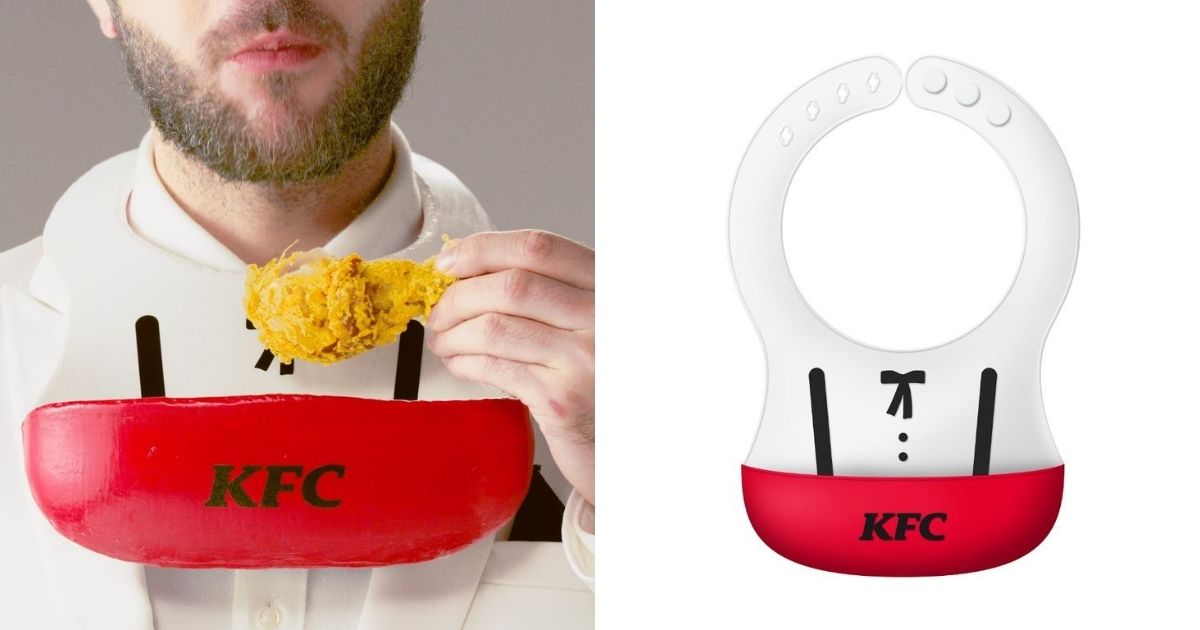 ▲今年台灣肯德基也不落人後，近日宣布推出啃雞神器「炸雞圍兜兜」，保證吃炸雞脆屑不落地。(圖|KFC肯德基)