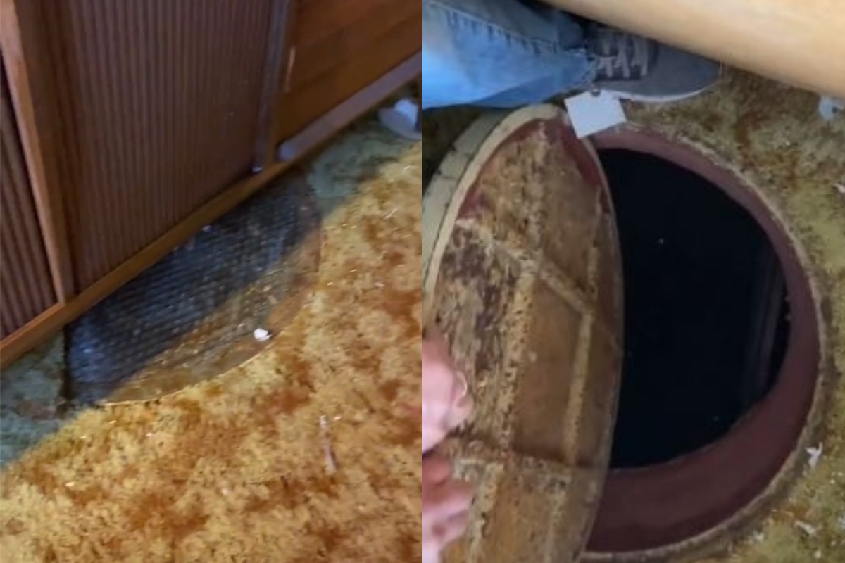 ▲美國有名女子在移動家具時，發現地毯下藏有詭異人孔蓋。（圖／翻攝自《Jennifer Little》TikTok）