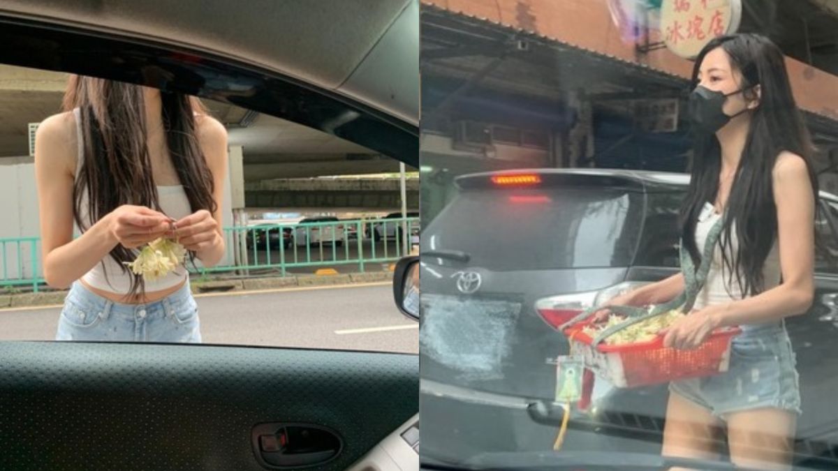 ▲今（30）日有網友開車行經台北市建國北高架路段時，意外看到一位身穿牛仔短褲的長腿正妹，在紅燈時拿出花籃販售玉蘭花。（圖／翻攝爆廢1公社）