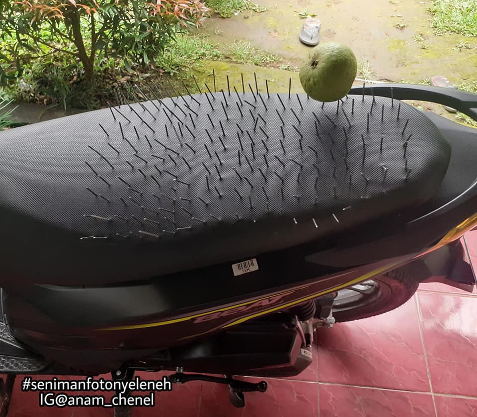 ▲有名男網友常被女友抱怨，偷載其他女生，於是他將機車後座釘滿釘子。
（圖／翻攝自《Khoirul Anam》臉書 ）