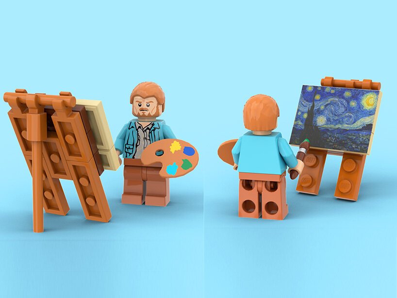 ▲除此之外，此組樂高組合中還附上手拿著畫筆及調色盤的迷你梵谷樂高人偶、畫架上放著迷你版星夜畫作。| This LEGO set also includes a miniature Van Gogh LEGO figure holding a paintbrush and palette and a miniature version of the iconic painting on the easel. (Courtesy of LEGO IDEAS)