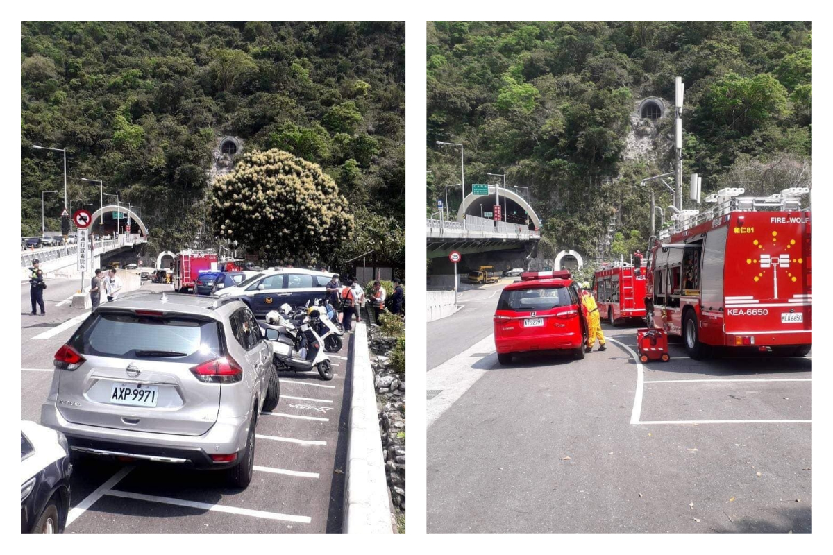 ▲事故疑似是施工的貨車掉下來，意外砸到火車所造成，不過施工的工程人員全部跑光了。（合成圖／翻攝自《花蓮同鄉會》）