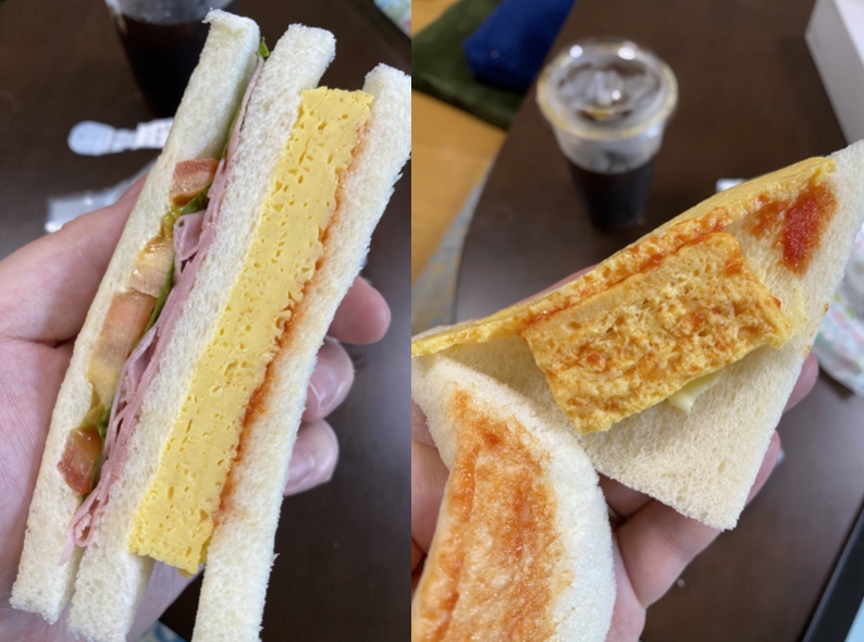 ▲日本超商玉子燒三明治製造假象讓表面看起來很厚，一打開份量超少。（圖／PPT）