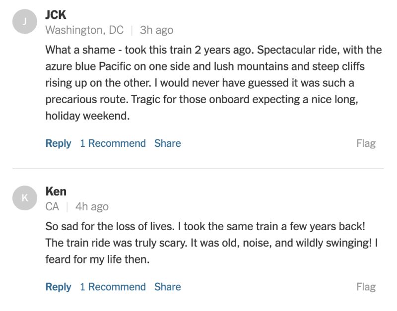 ▲太魯閣號出軌新聞曝光後，外國網友留言分享以前到台灣搭乘火車的體驗。（圖／翻攝自《紐約時報》）