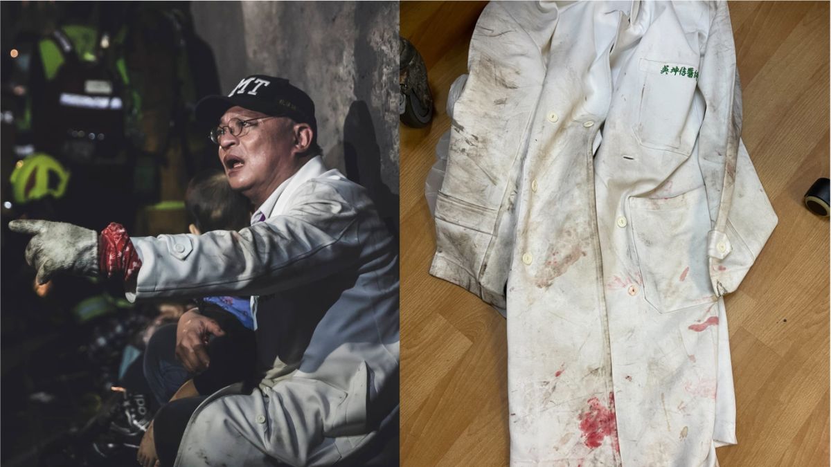 ▲太魯閣出軌意外2日發生後，白袍醫師吳坤佶也趕赴現場支援，這件佈滿髒污、血跡的白袍卻突然回到醫院，原因曝光後也讓不少網友淚崩。（合成圖／義消蔡哲文授權提供、翻攝自花蓮慈濟醫院）