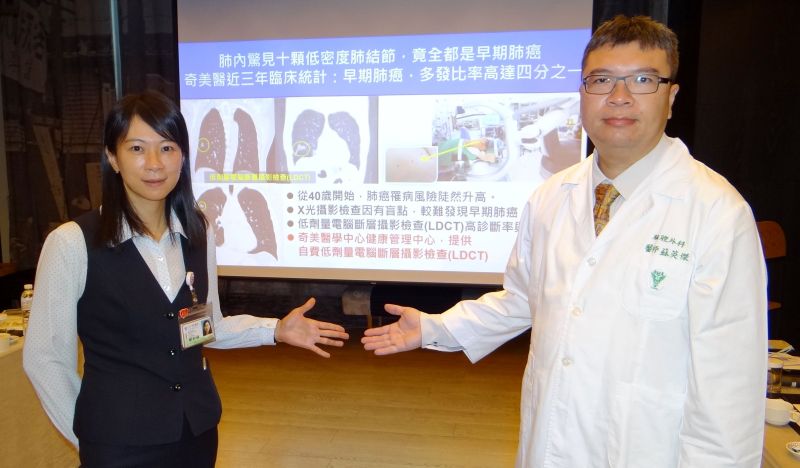 ▲奇美醫學中心胸腔外科主治醫師蘇英傑(右)及健康管理中心副主任劉如偵表示