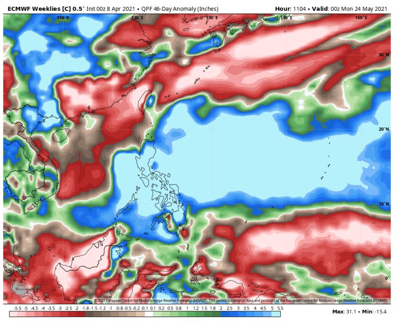 ▲根據歐洲中期天氣預報中心（ECMWF）最新的未來45日降雨推估，台灣西半部至5月中的降雨情形持續不樂觀。（圖／取自天氣風險公司臉書「天氣風險 WeatherRisk」）