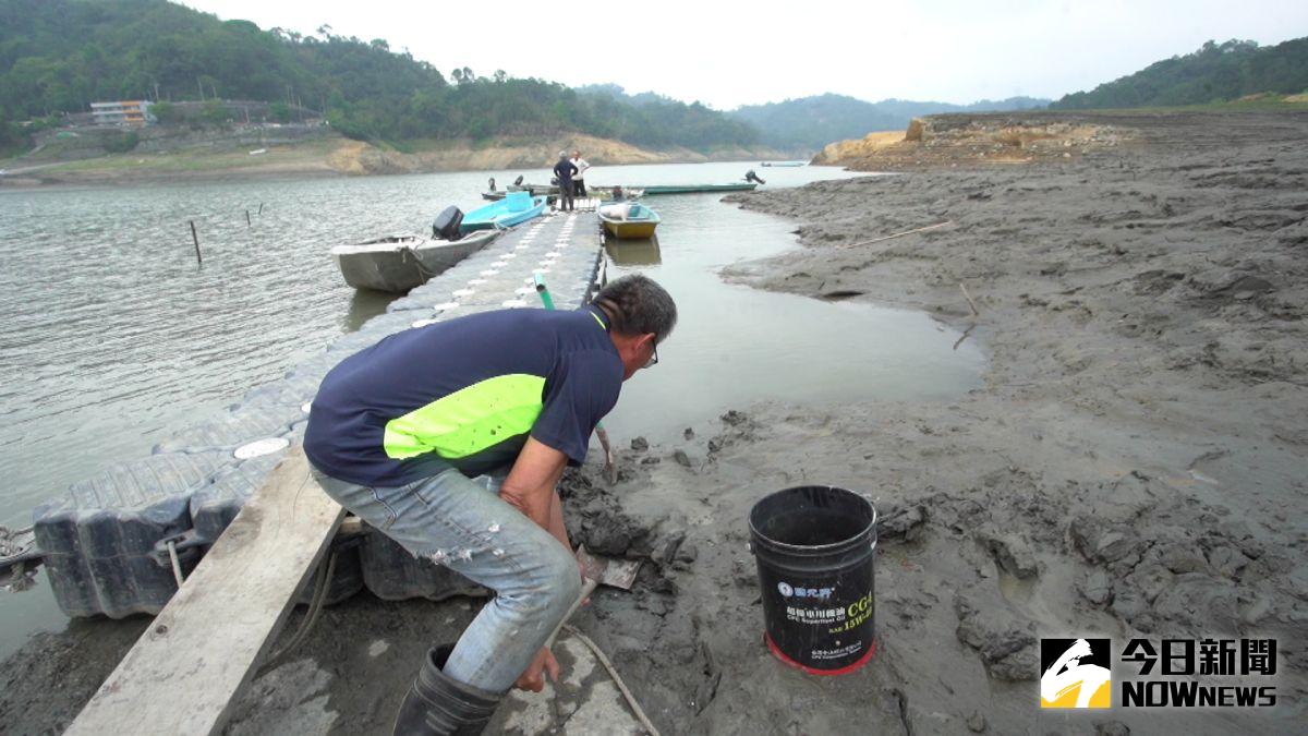 ▲石門水庫水位每天退縮，薑母島居民只好借來浮筒權充臨時碼頭，每天還必須剷除淤泥才能讓浮筒順利安置。（圖／記者李春台攝，2021.04.02）