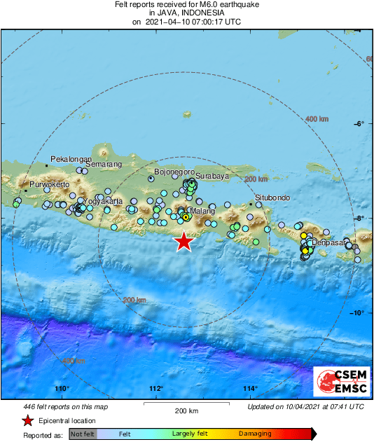 ▲印尼爪哇島今（10）日下午發生規模6強震。（圖／取自EMSC-CSEM twitter）