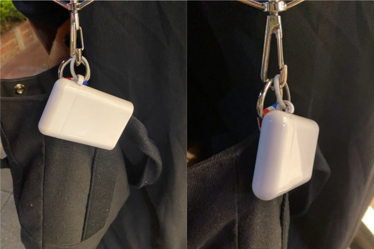 ▲有女網友看到路人背包上掛著神秘的白色盒子，讓她好奇背後用途，還透露外型如同收納AirPods的盒子。對此，就有神人立馬找出真相，讓不少人震驚直喊「第一次知道！」（圖／翻攝Dcard）