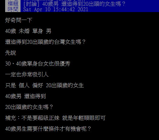 ▲有網友發問「40歲男還追得到20出頭的女生嗎?」對此,許多網友紛紛點出「3條件」。(圖/翻攝自PTT)