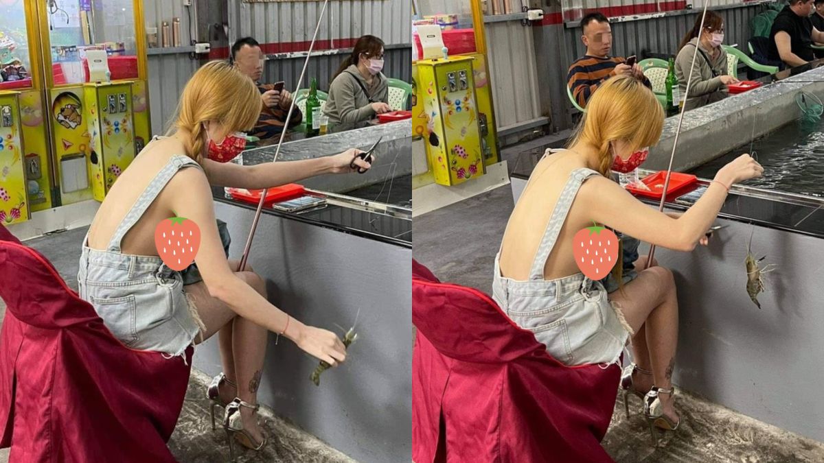 ▲釣蝦場驚見火辣側胸妹。（圖／陳怡鈞授權提供）