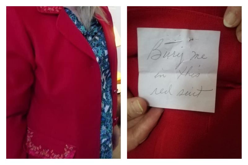 ▲美國網友意外在二手衣內發現一張字條，上面寫著「讓我穿著這件紅衣下葬」。（圖／翻攝自Scott