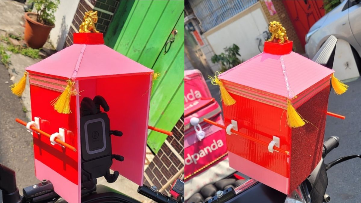 ▲媽祖遶境是一年一度的宗教盛事，有外送員也跟風自製了迷你版的「媽祖鑾轎」安裝在機車手機支架上，掀起同行們熱烈討論。（圖／網友授權提供）