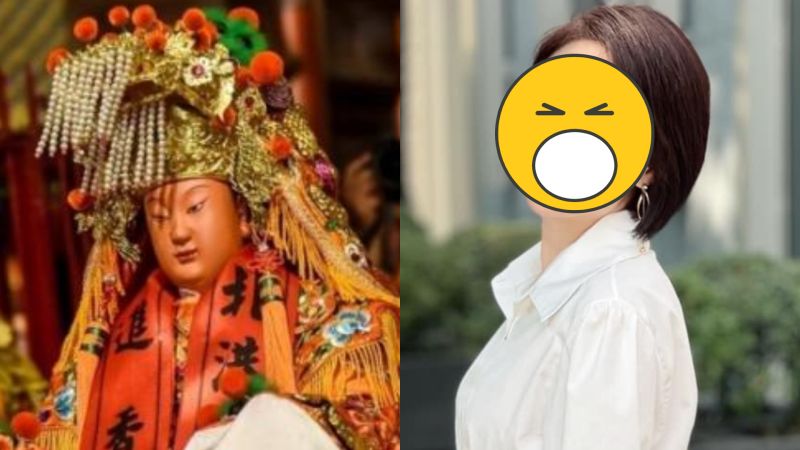 ▲主播李美萱長相激似媽祖。（圖／記者陳明安攝、李美萱臉書）