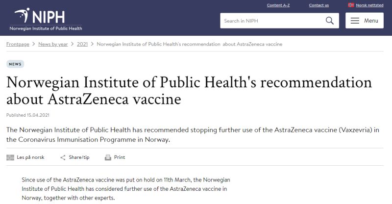 ▲挪威公共衛生研究所也建議暫停使用AZ疫苗。（圖／翻攝自挪威公衛所官網）
