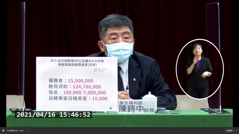 ▲衛福部長陳時中宣布太魯閣號事故善款分配方案。(圖/翻攝自衛福部直播畫面)
