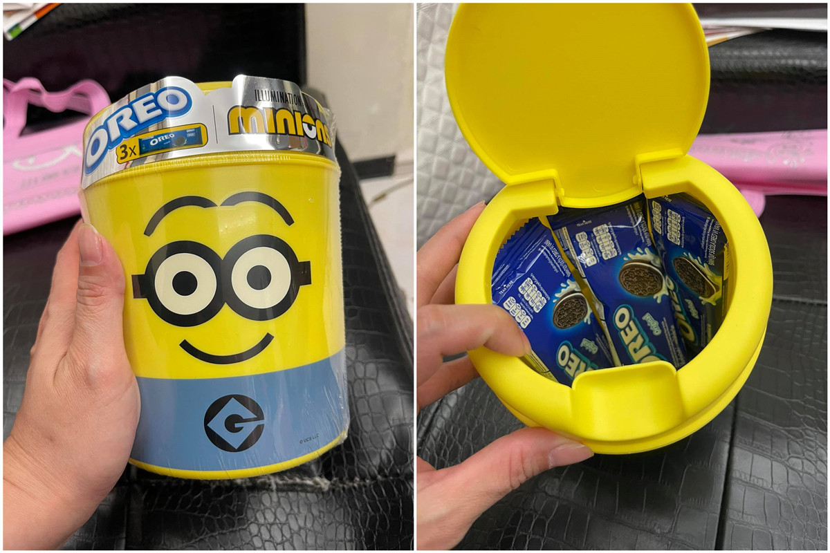 ▲有女網友分享一款OREO餅乾，贈品是小小兵收納桶，讓她看後心動秒入手。（圖／翻攝自臉書社團「全聯消費經驗老實說」）