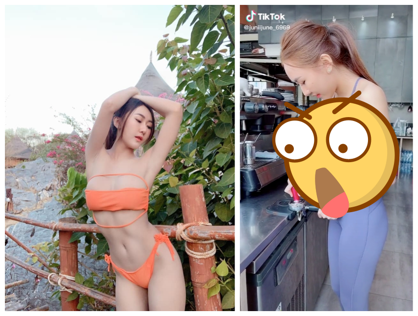 ▲Juniijune穿著性感緊身衣泡咖啡，引起網友討論。（圖／翻攝Juniijune抖音、臉書）
