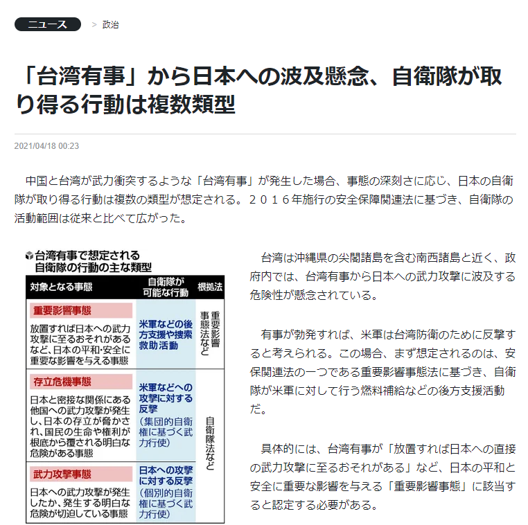 ▲日媒分析台灣發生緊急狀況時，日本依事態嚴重程度可採取的行動，包含出動自衛隊。（圖／翻攝自讀賣新聞）