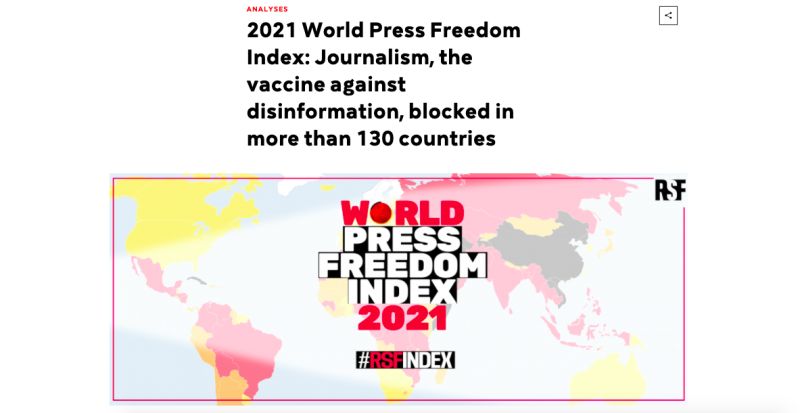 ▲無國界記者組織今（20）日公布2021年的全球新聞自由指數。（圖／翻攝自無國界記者組織）