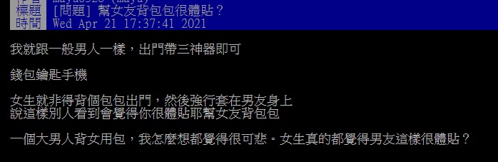 ▲有網友在PTT提問「幫女友背包包很體貼？」沒想到許多女孩意見幾乎一面倒。（圖／翻攝自PTT）