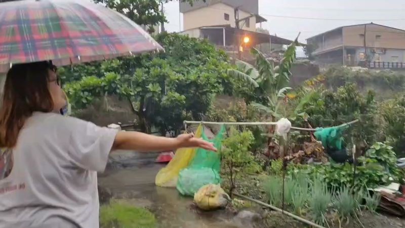 ▲高雄終於下雨，民眾撐傘開心的直說「耶！下雨了，不用提水澆菜了」。（圖／翻攝畫面）