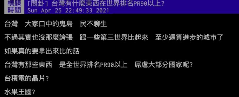 ▲網友討論「台灣有什麼東西幾乎贏過全世界」。（圖／PTT）