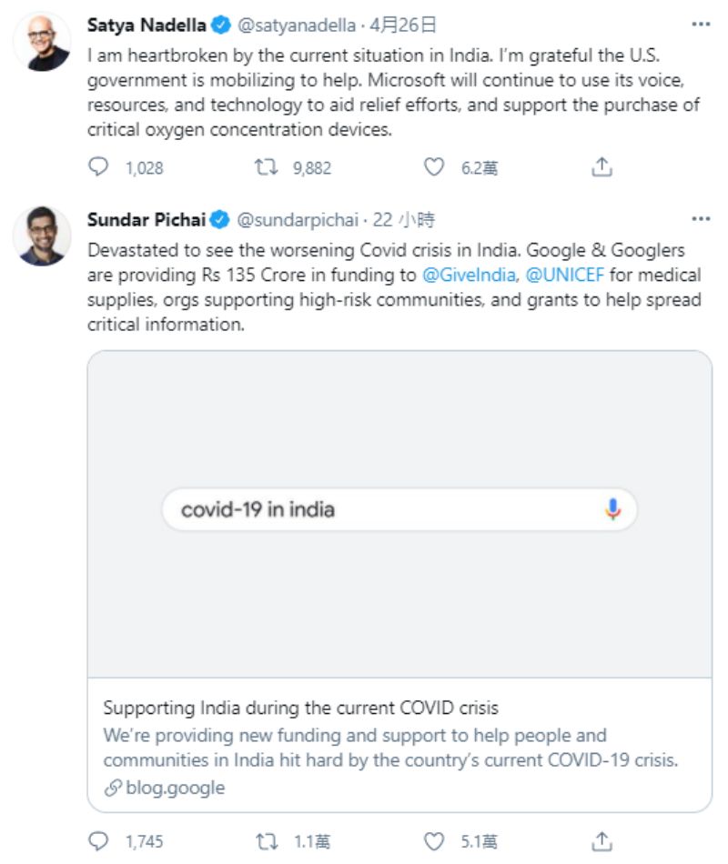 ▲面對印度新冠疫情延燒，Google及微軟2位印度裔的執行長都表示願伸出援手。（圖／翻攝自推特）