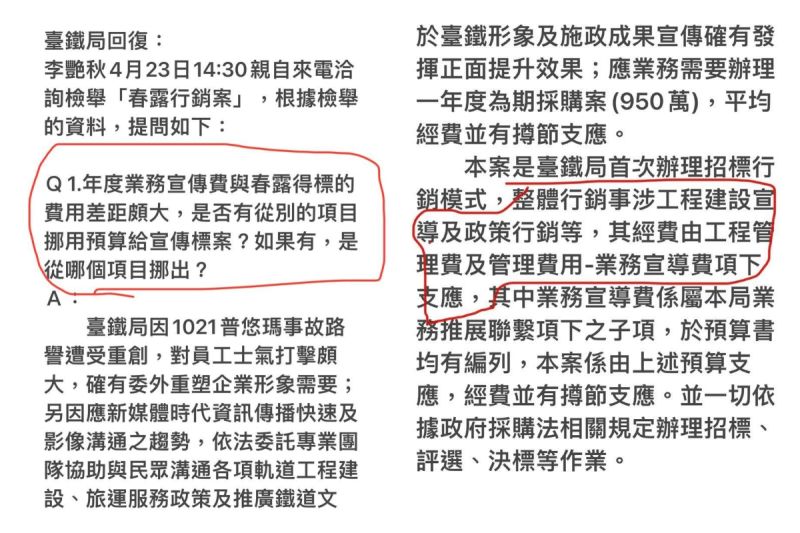 ▲台鐵回應李艷秋的詢問,坦承行銷經費由工程管理費及管理費用-業務宣導費項下支應。(圖/翻攝自李艷秋的新聞夜總會臉書)
