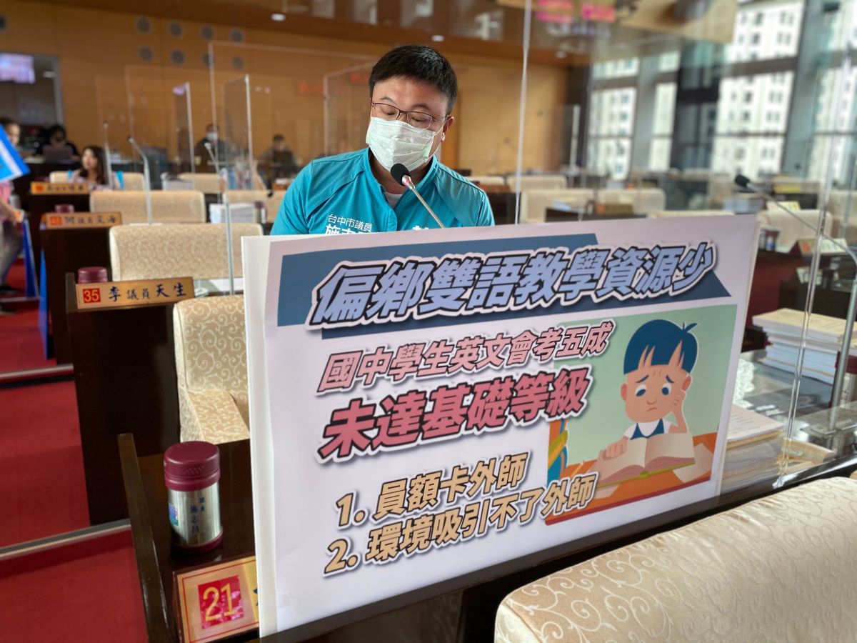 ▲議員施志昌表示，偏鄉學校學生少教師員額少，導致找不到英語外師，希望教育局能努力解決，增加孩子英語教育的資源。(圖／柳榮俊攝2021.4.28)