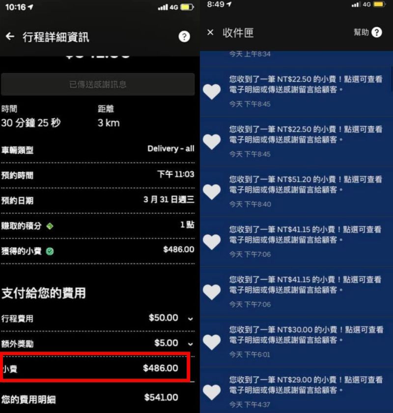 ▲也有其他外送員PO出自己收到的小費明細，其中就有一個人收到金額高達「486元」的小費。（圖／翻攝自《UberEats全台討論區》）