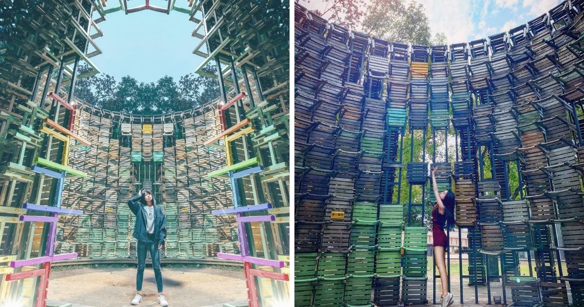 ▲The masterpiece is created by artist, Yen Ming-hung (顏名宏), who collected many used chairs and desks from schools in Kaohsiung. (Photos courtesy of @kailunshot (left) and @maimai_lin (right)/Instagram)