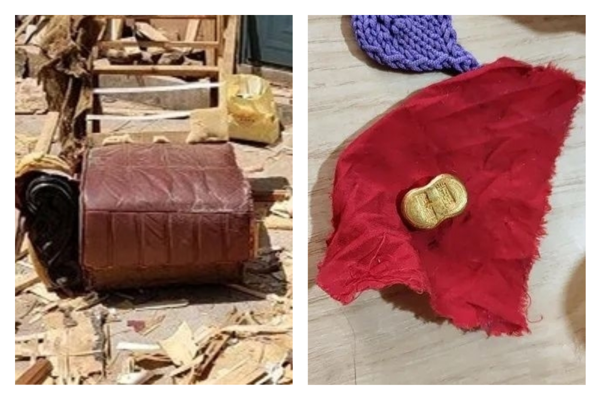 ▲中國大陸青島一位男子，竟在路邊撿回家的破沙發中，發現黃金和一筆現金。（圖／翻攝自《青島晚報》）